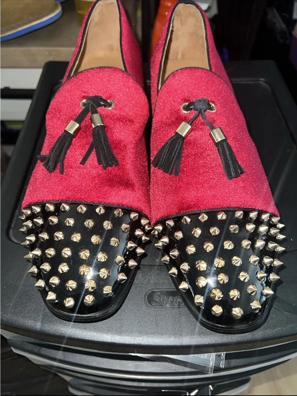 Red Velvet Studded Loafers Tassel Smoking Shoes Size 13 Wedding Formal Men